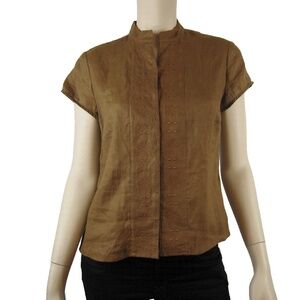 SARAH SPENCER Walnut Embroidery Linen Mandarin Collar Top Blouse